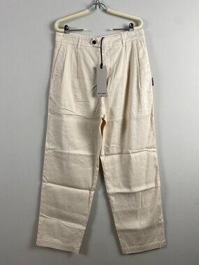 Palm Angels Linen Blend Chino Pant | Pleated, Back Logo Embroidery | Off White